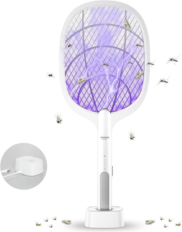 Electric Fly Swatter, 3000V USB Rechargeable Fly Killer Bug Zapper Racket with Charging Base