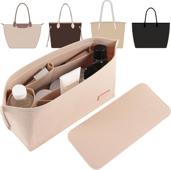 Doxo Purse Organizer Insert for Handbags & Base Shaper 2pc Set,Bag Organizer with Zipper 3 Sizes (Beige-L)