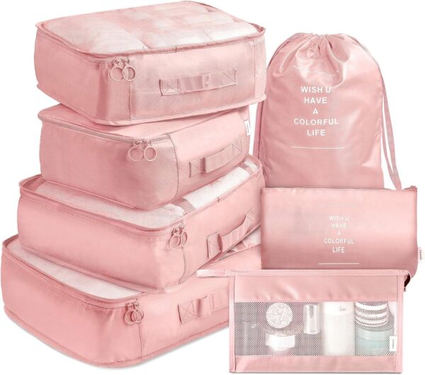 VAGREEZ Packing Cubes 7 Pcs Travel Luggage Packing Organizers Set with Toiletry Bag (Pink)